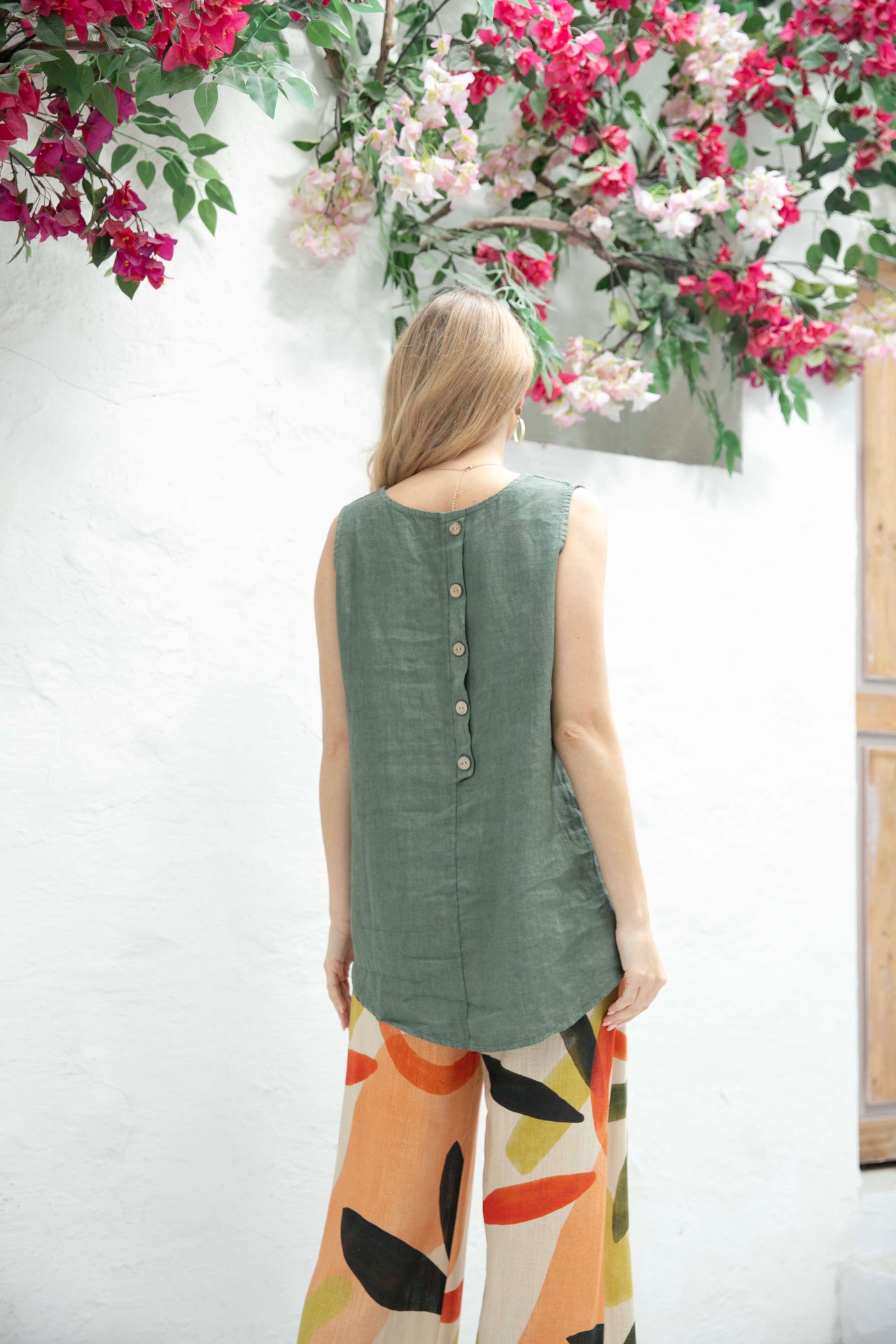 Lucia's Linen Tank Top with Back Buttons