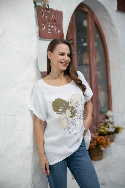 Mirabella's Round neck Linen Flower Top