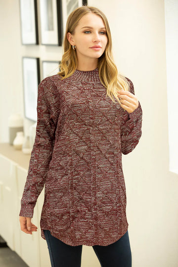 Mock Neck Long Sleeve Mélange Cable Knit