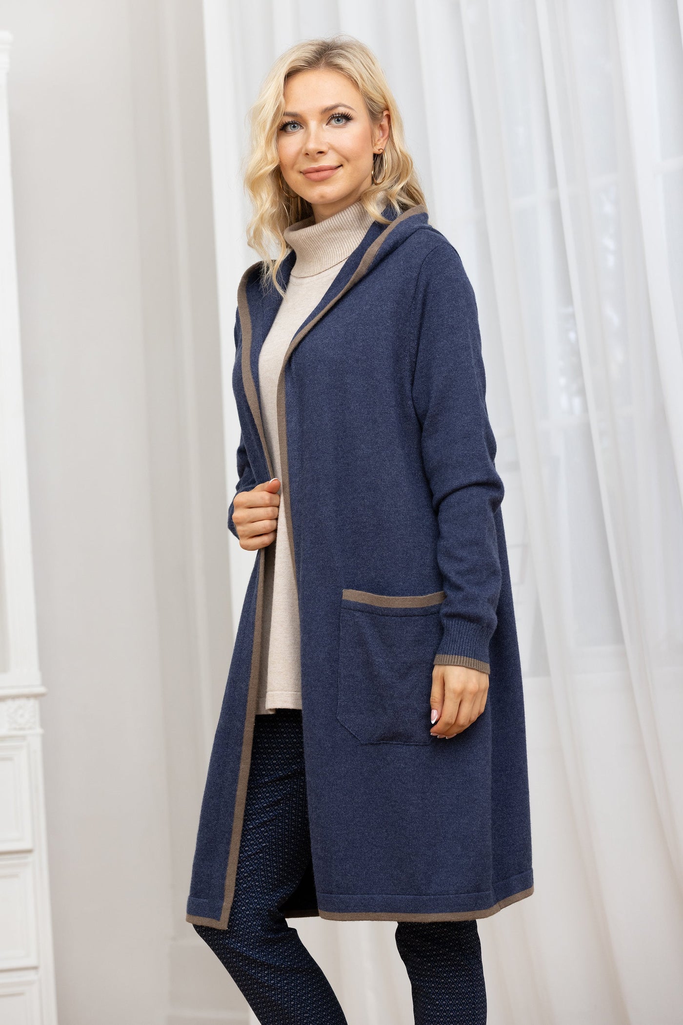 Long Knit Coat with Hood and Pockets