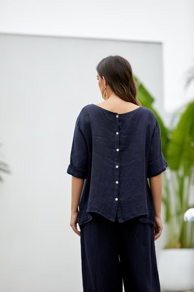 Mea's Linen Breeze Button-Back Top