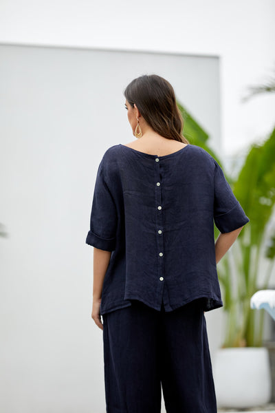 Mea's Linen Breeze Button-Back Top