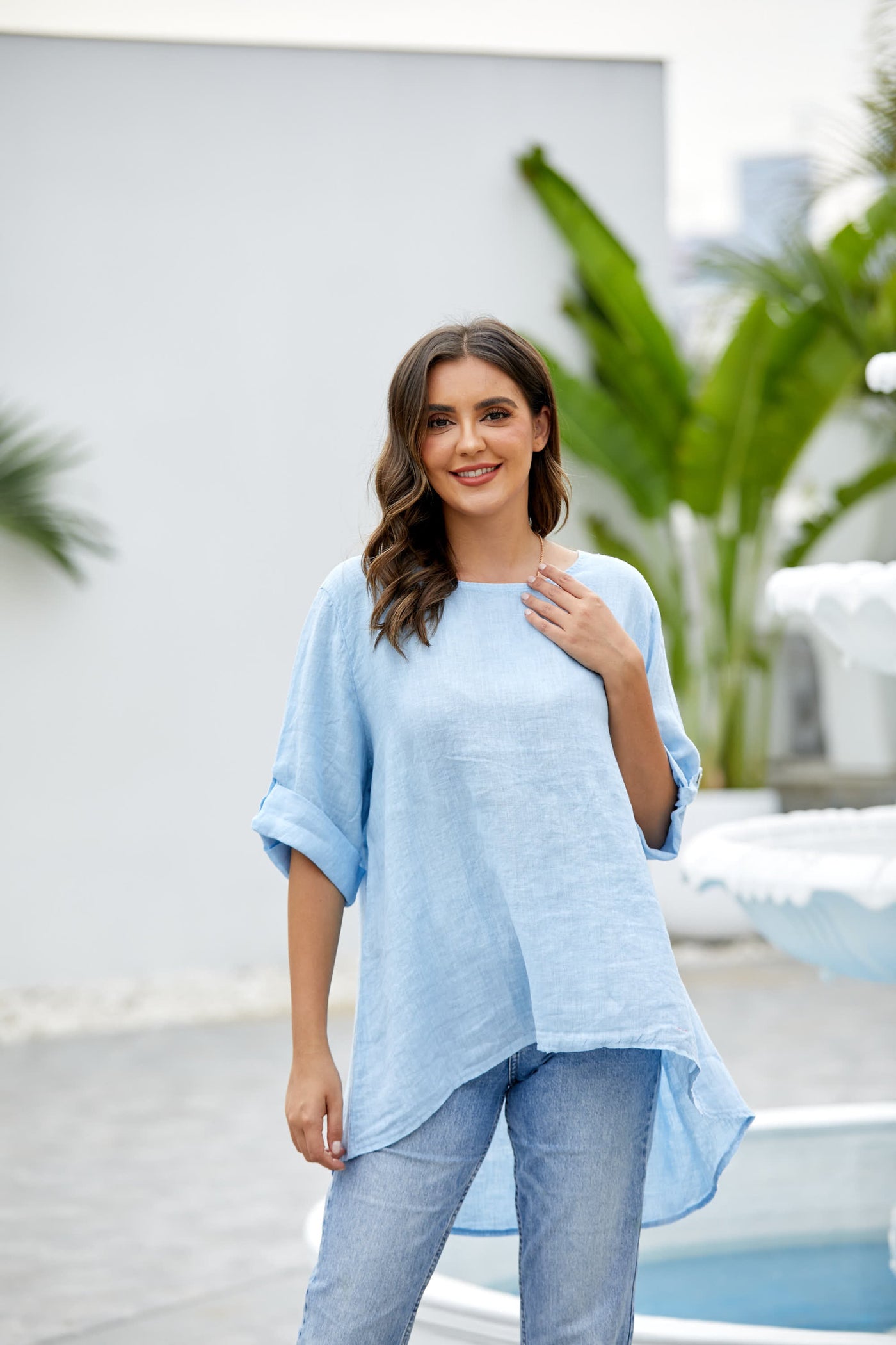 Roll up Sleeve Linen Top