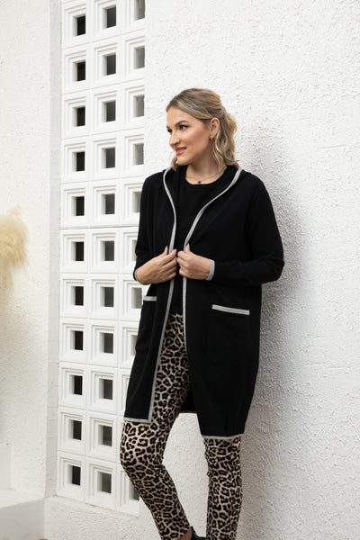 Long Knit Coat with Hood and Pockets