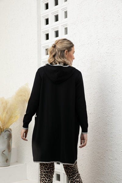 Long Knit Coat with Hood and Pockets