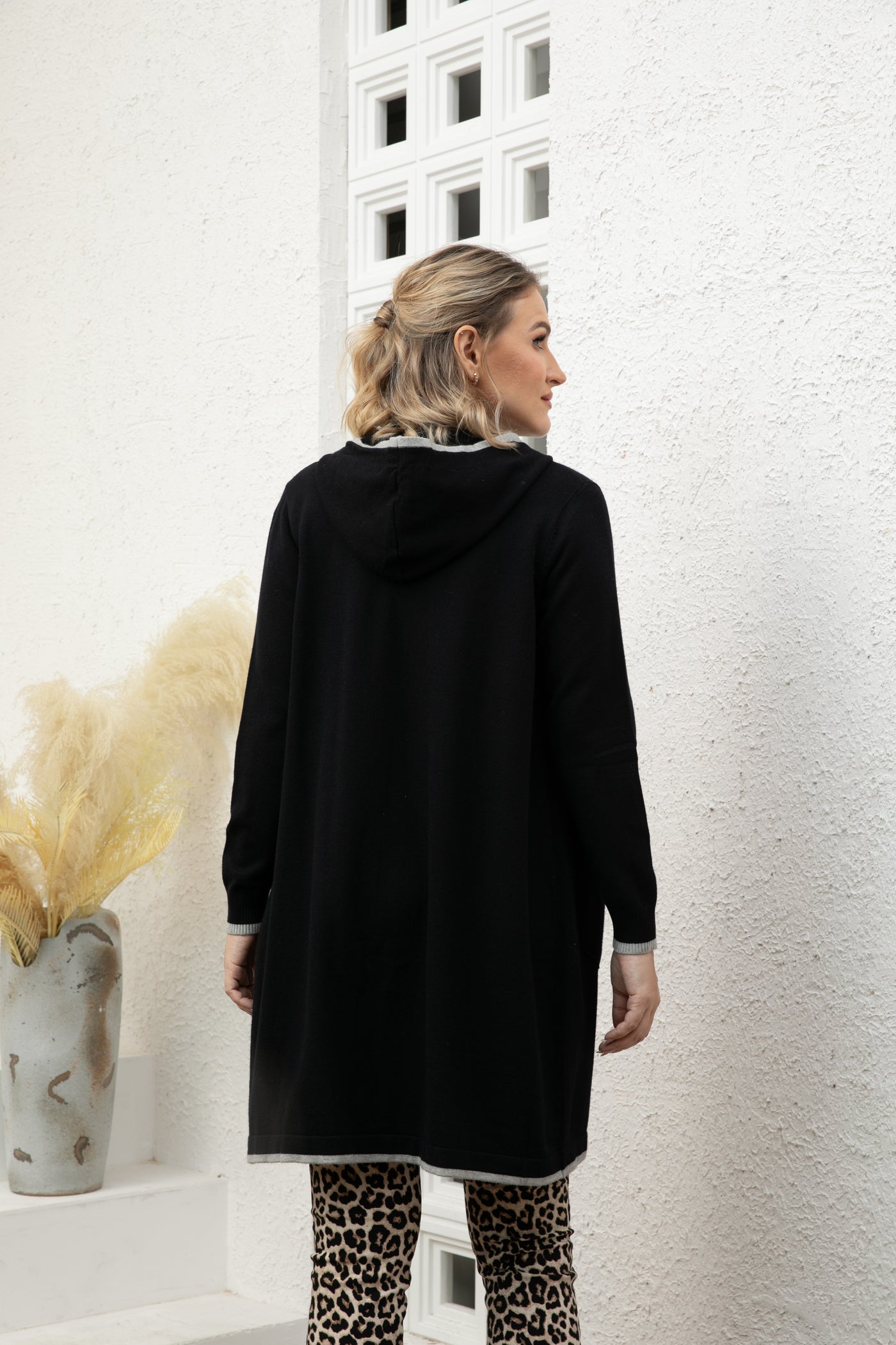 Long Knit Coat with Hood and Pockets