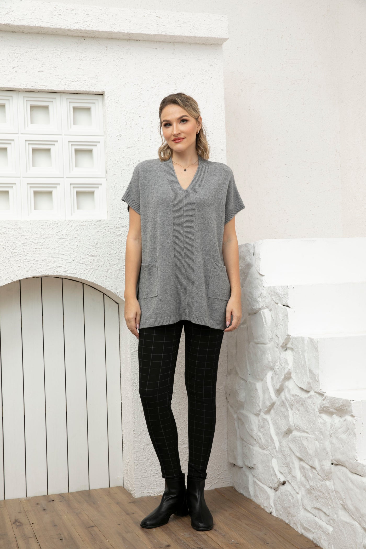 V neck short sleeve sweater