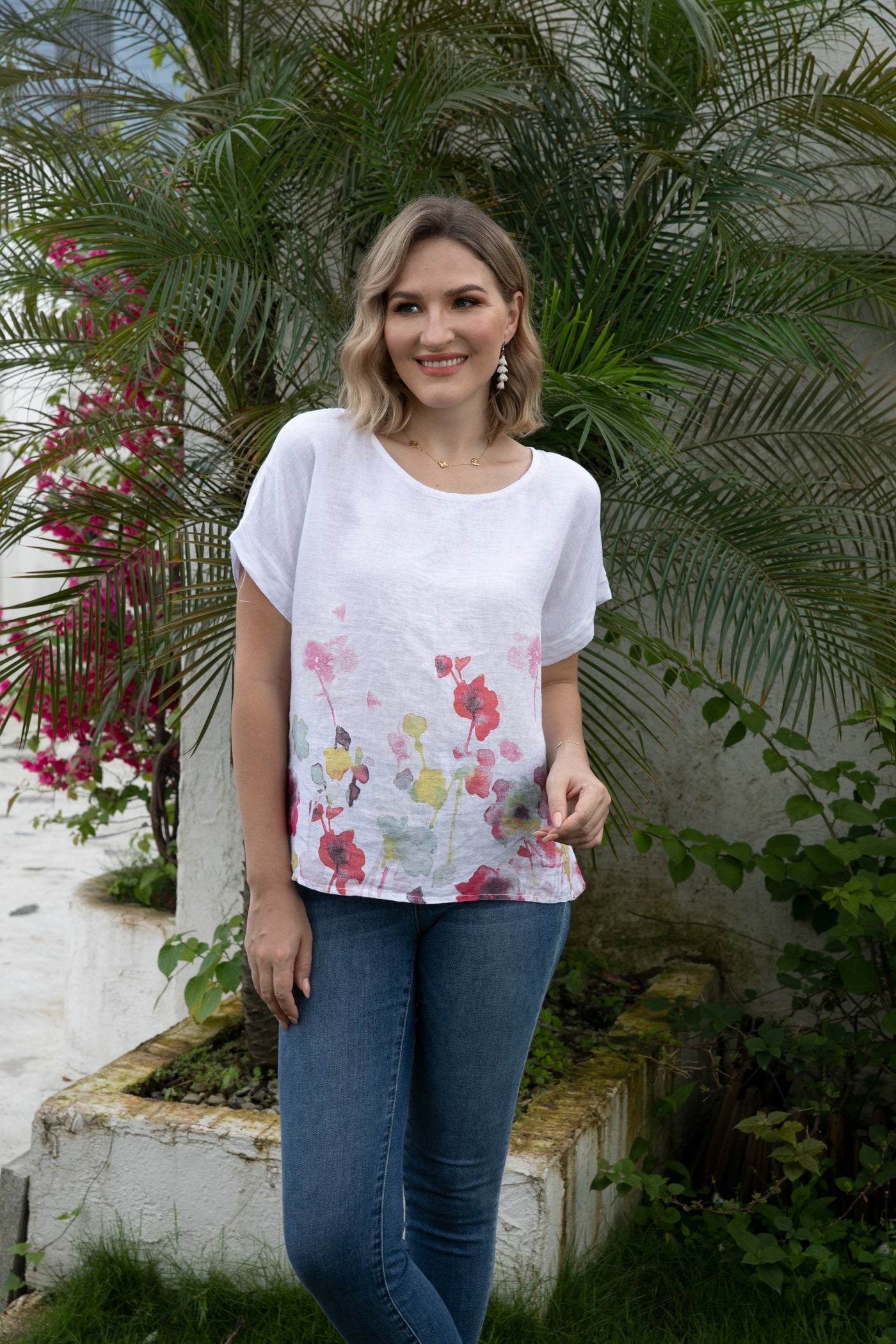 Angela's Watercolor Blossom Linen Top