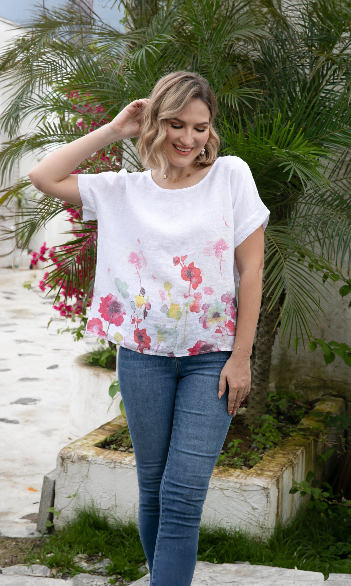 Angela's Watercolor Blossom Linen Top