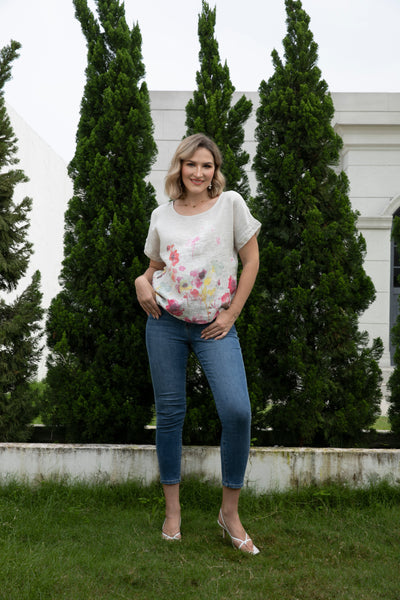 Angela's Watercolor Blossom Linen Top