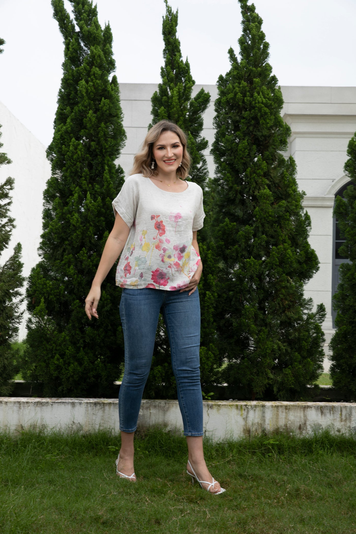 Angela's Watercolor Blossom Linen Top