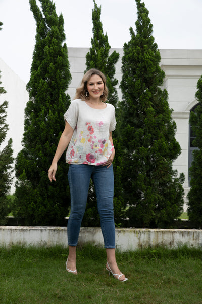 Angela's Watercolor Blossom Linen Top