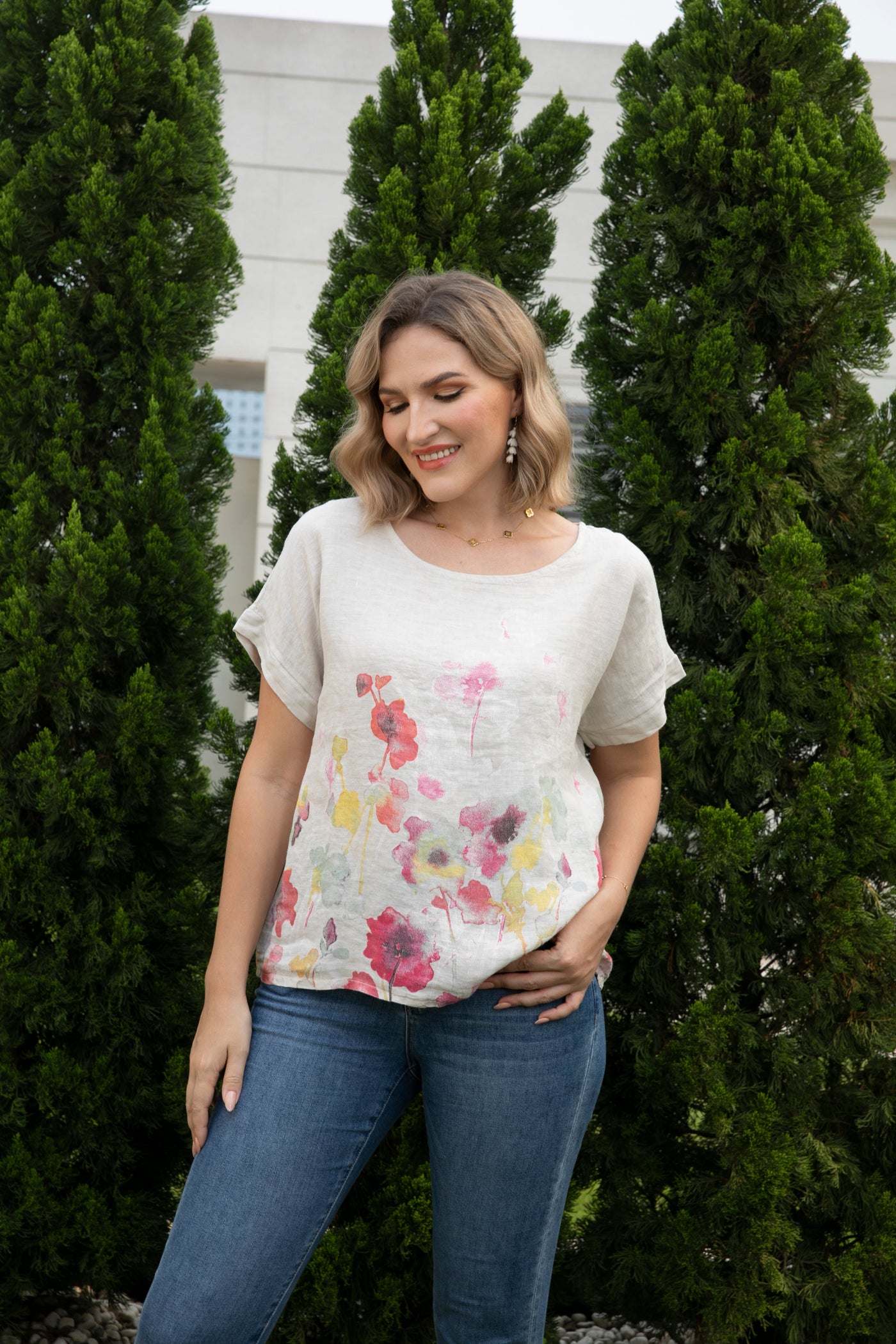 Angela's Watercolor Blossom Linen Top