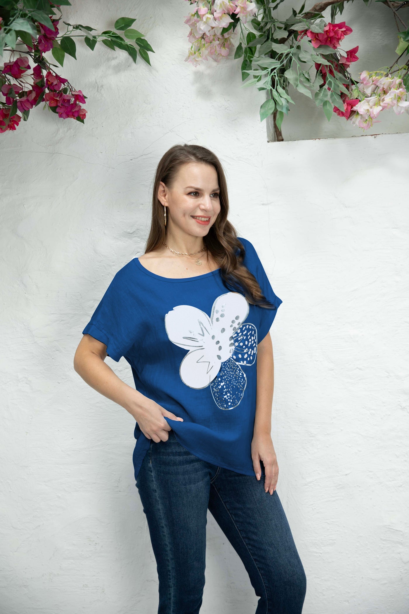 Mirabella's Round neck Linen Flower Top