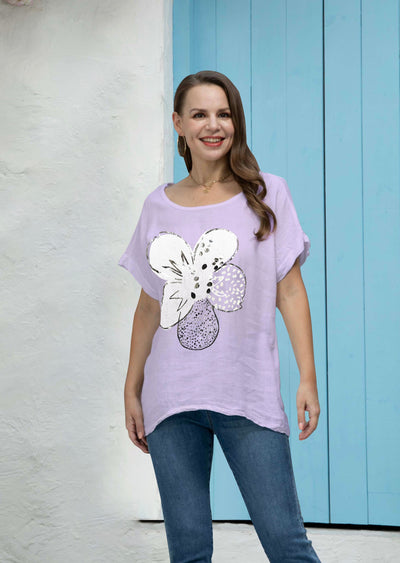 Mirabella's Round neck Linen Flower Top