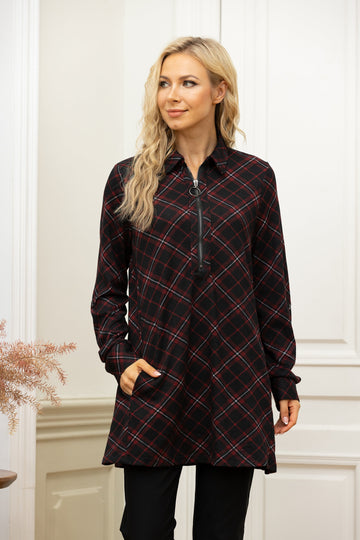 Zipper Gingham Tunic w/ Pockets