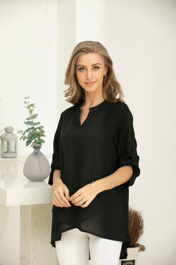 V-Neck Tunic With Panels And Roll Up Sleeve