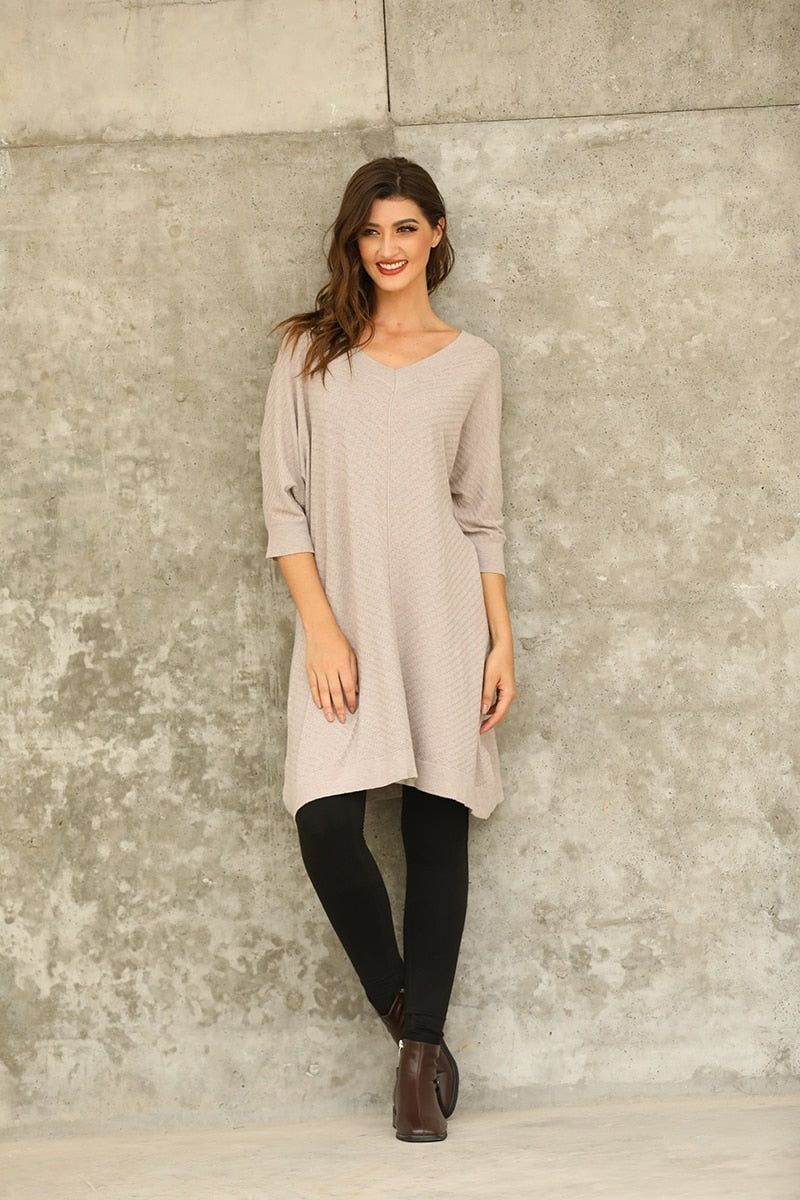 V-Neck Patterned Cashmere Feel Dress