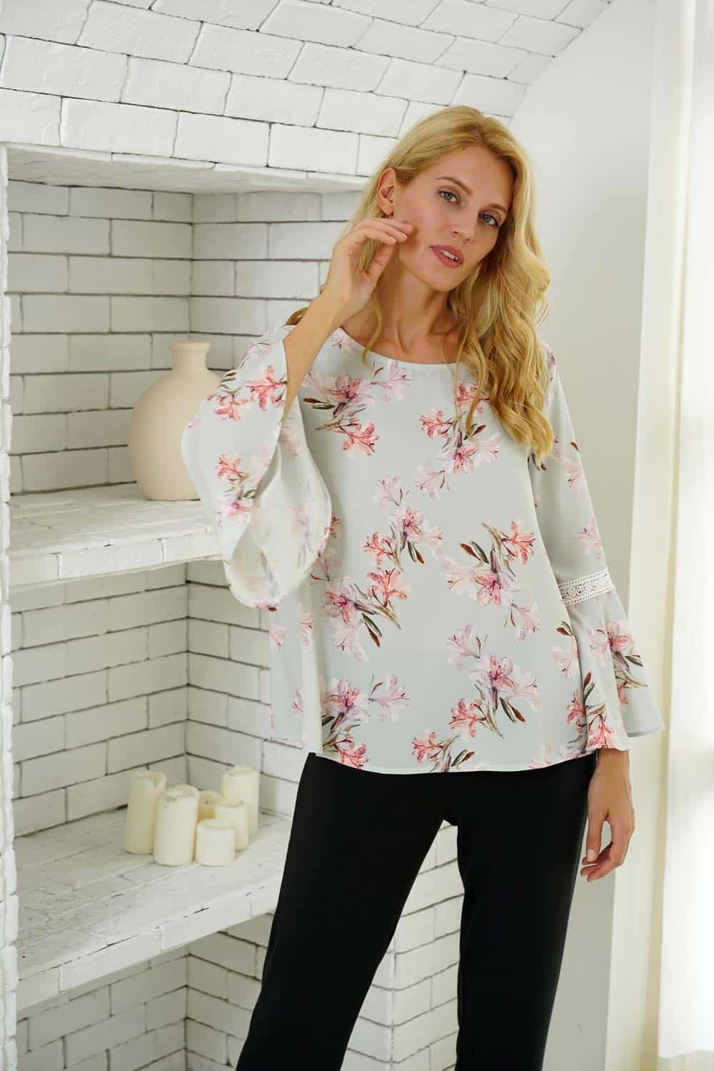 Pink On Green Floral Bell Sleeve Top