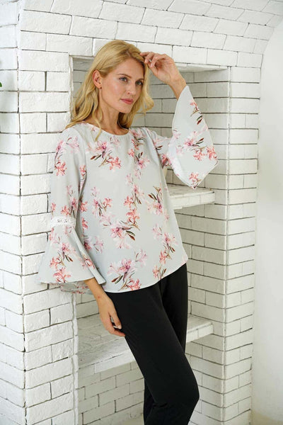 Pink On Green Floral Bell Sleeve Top