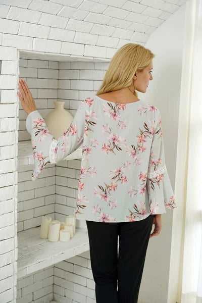 Pink On Green Floral Bell Sleeve Top